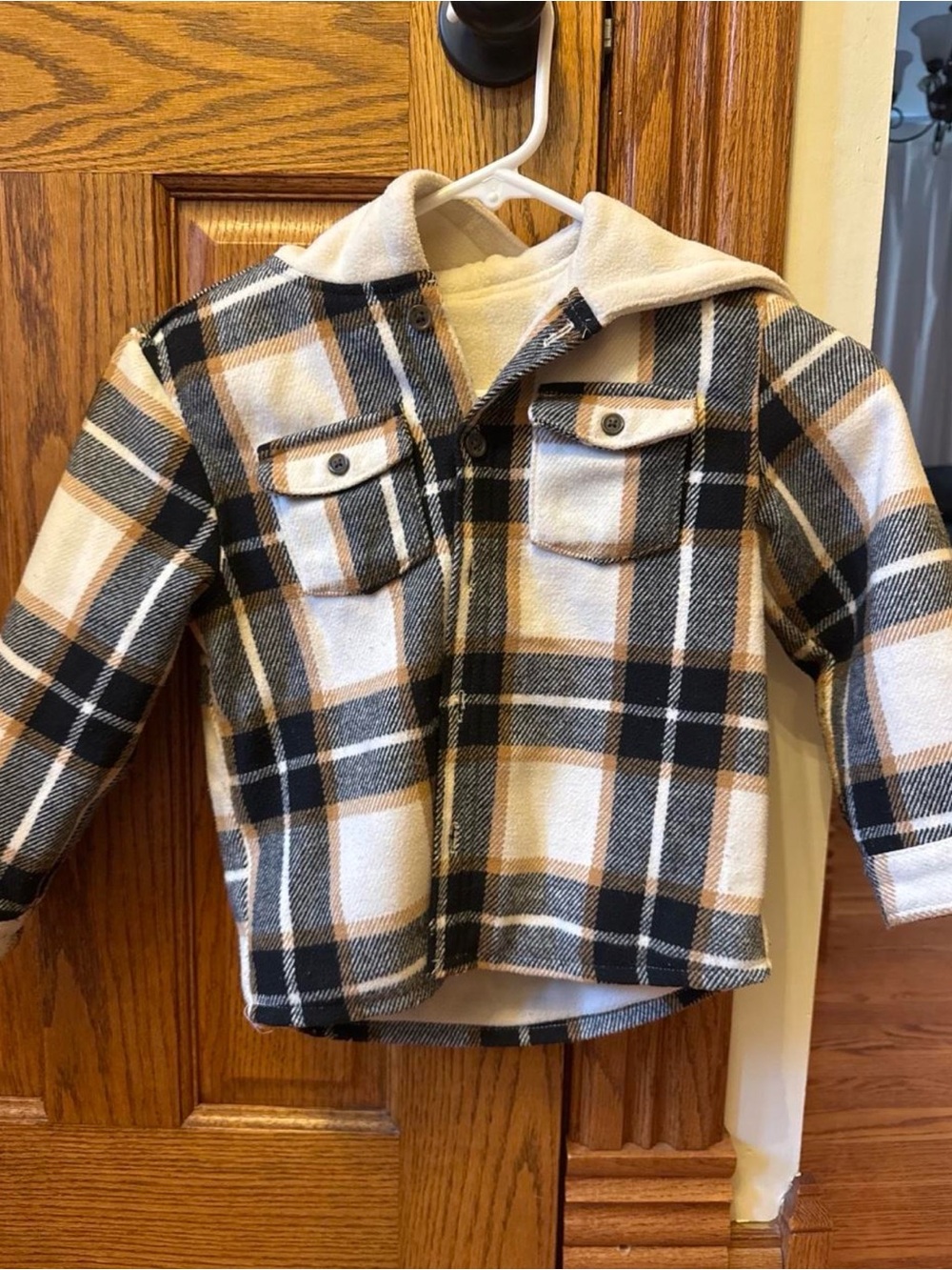 Cat & Jack Plaid Hooded Shacket - Cream, Black & Brown